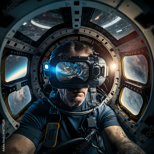 A man is testing a Virtual Reality futuristic helmet and looking into the space created in Generative Ai © adolfopardo