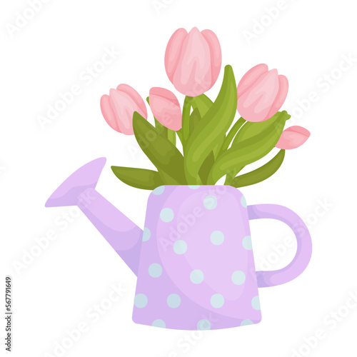Bouquet of pink tulips in a vintage watering can.Vector graphics.