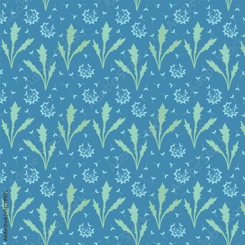 Blue background with dandelion leaves and blow balls. Decorative seamless pattern for wrapping paper, wallpaper, textile, greeting cards and invitations.