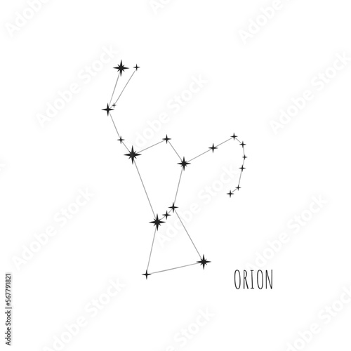 Simple constellation scheme Orion, Big Dipper. Doodle, sketch, drawn style,  linear icons of all 88 constellations. Isolated on white background