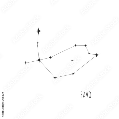 Simple constellation scheme Pavo  Big Dipper. Doodle  sketch  drawn style  linear icons of all 88 constellations. Isolated on white background