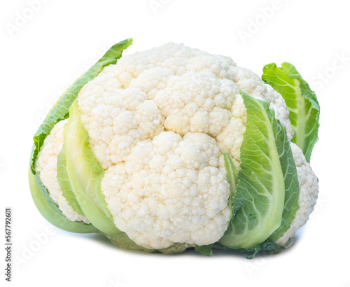 Close up of single fresh ripe white cauliflower head with some green leaves isolated on white background with clipping path and shadow in png file format, Organic vegetable, Concept of healthy eating