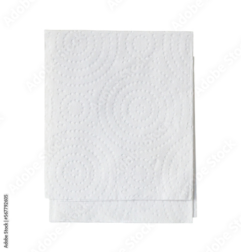 Two folded pieces of white tissue paper or napkin in stack tidily prepared for use in toilet or restroom isolated on white background with clipping path