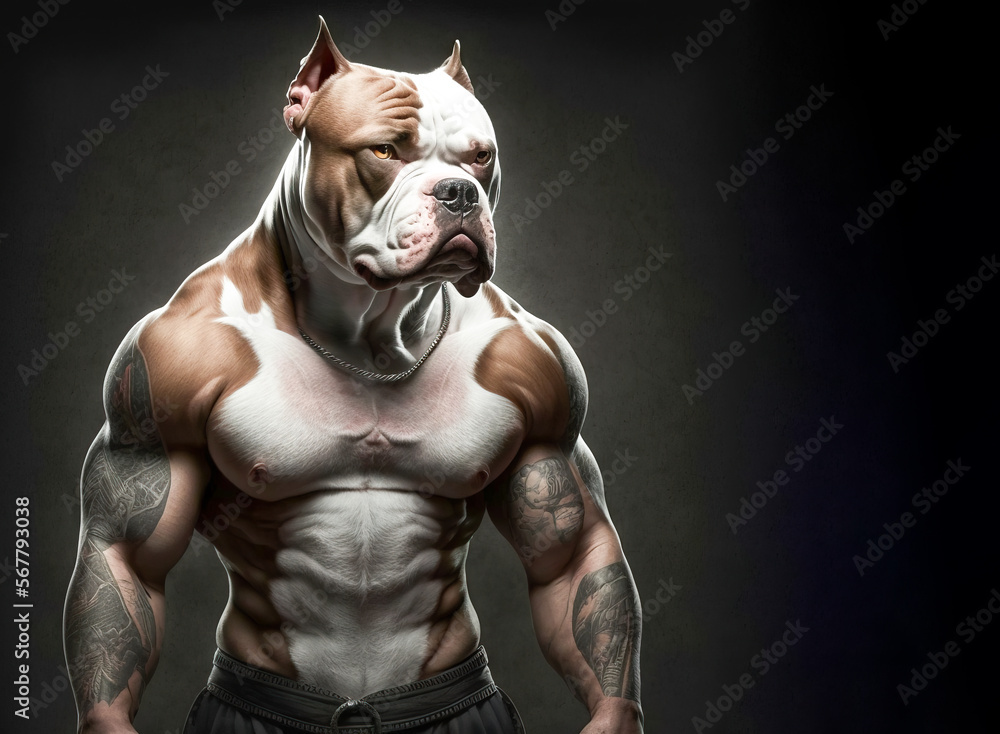 Illustrazione Stock American Pit Bull Terrier dog, muscular ripped and  shredded. A bulldog that has visible muscle definition and tattoos.  Generative image of a dogs head on a humans body. Digital art.