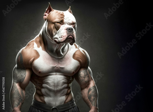 American Pit Bull Terrier dog, muscular ripped and shredded. A bulldog that has visible muscle definition and tattoos.  Generative image of a dogs head on a humans body.  Digital art.  photo