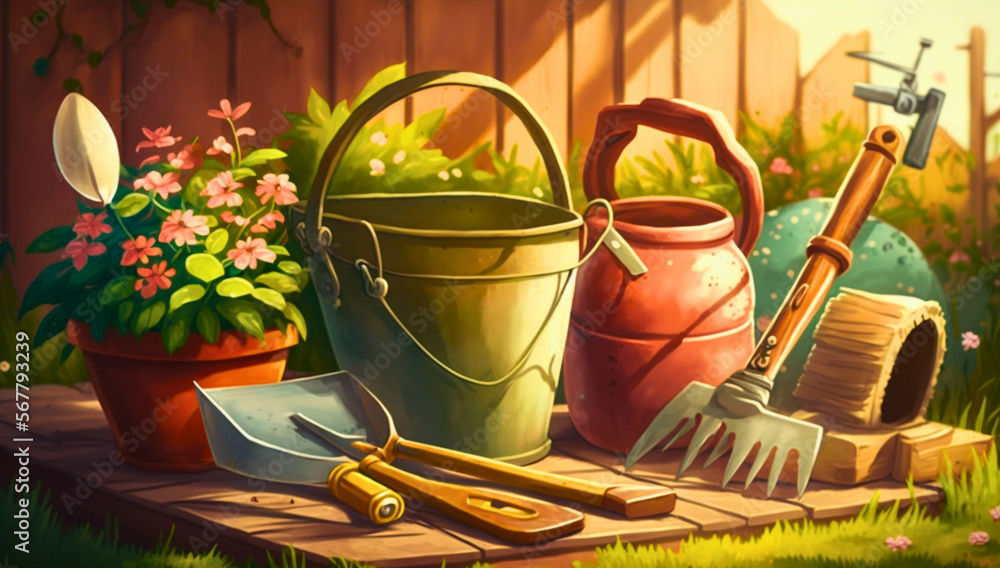 Gardener's Tool Set And Flowerpots In Garden, Created with generative Ai Technology