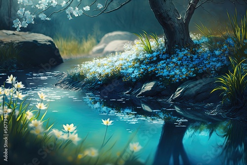 Fototapete beautiful natural landscape , water way with blue flowers bush, idea for spring