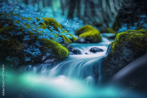 beautiful natural landscape , water way with blue flowers bush, idea for spring season greeting background wallpaper or conceptual art, Generative Ai