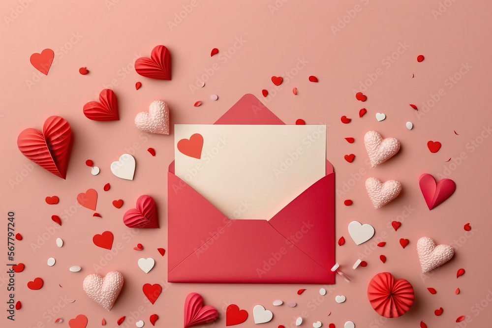 Valentine's Day. Valentine day holiday background with envelope. Letter. Love, hearts, red. Generative AI.