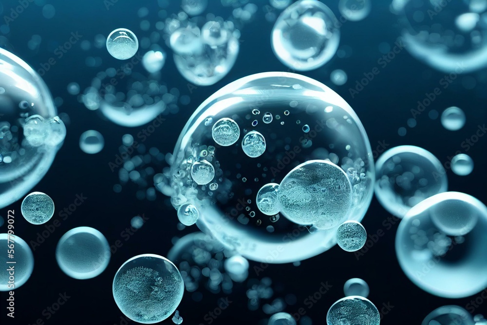 transparent gas bubbles on water surface. Wormseye low angle with