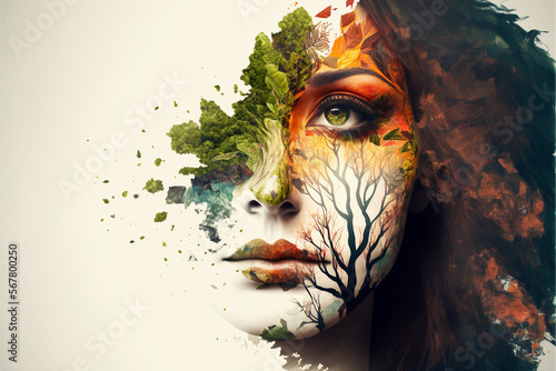 Mother nature concept seamlessly merged with beautiful face portrait of a young woman. Ai generated