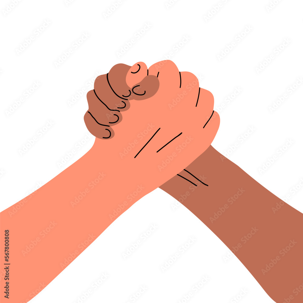 Two men in arm wrestling battle. Two strong hands. Sports competition. Muscle strength. Flat