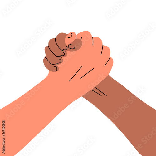 Two men in arm wrestling battle. Two strong hands. Sports competition. Muscle strength. Flat vector illustration isolated on white background