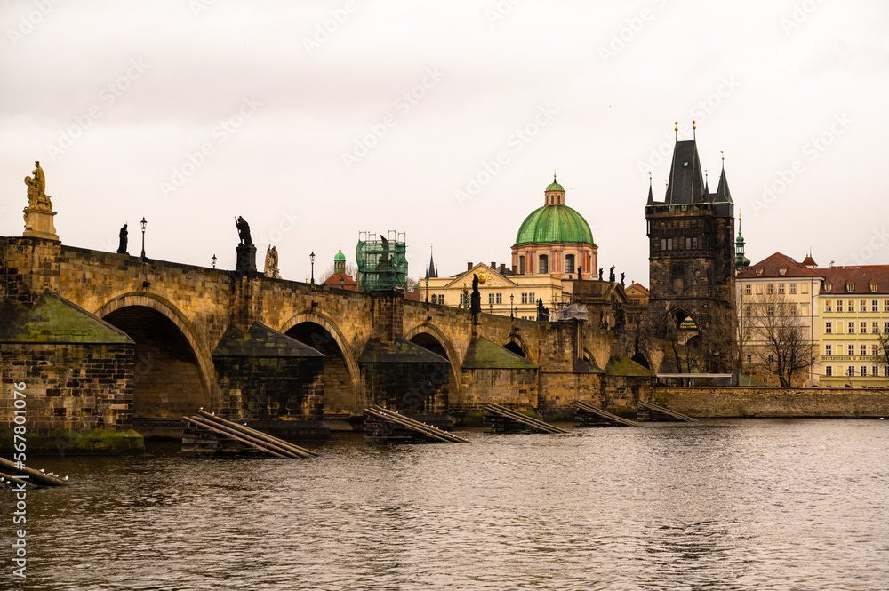 Charles Bridge over the River Vltava in Prague, Czech Republic in the Morning