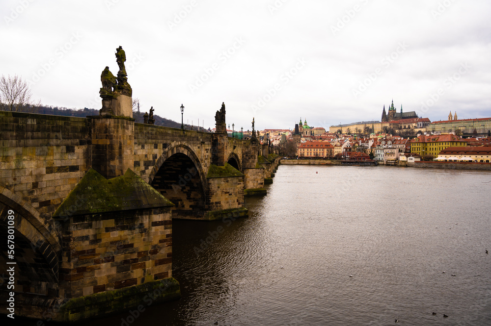 A view from the bank of the Vltava to the Charles Bridge, the Old Town Bridge Tower and other monuments of Prague, with swans swimming on the river on a cold winter day
