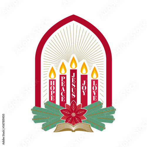 Christmas vector illustration. Holiday Advent candles lit in anticipation of the birth of the Lord and Savior Jesus Christ.