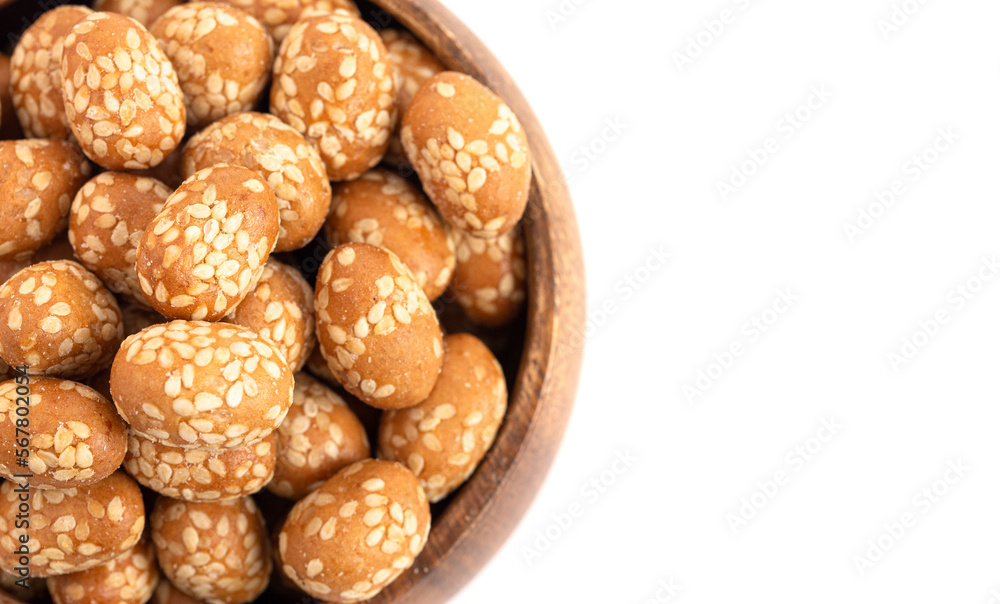 Crunchy Asian Sesame Peanuts Coated with Soy Sauce Isolatd on a White Background