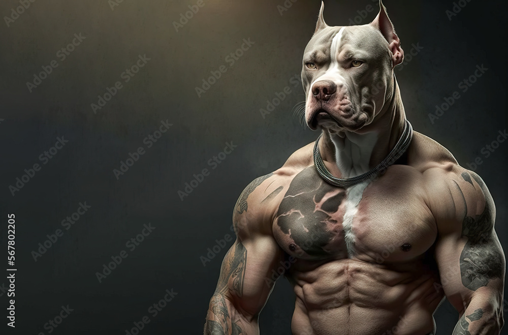 American Pit Bull Terrier dog, ears cropped, muscular ripped and shredded.  A bulldog that has visible