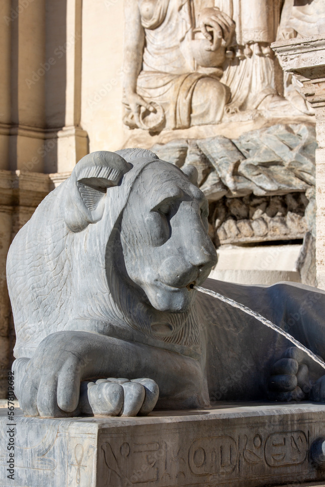 Rome, Italy - October 10, 2020: Statue of lion at 16th century Fountain of Moses (Fontana dell'Acqua Felice); monumental fountain located in the Quirinale District Rome, Italy - October 10, 2020: Statue of lion at 16th century Fountain of Moses (Fontana dell'Acqua Felice); monumental fountain located in the Quirinale District