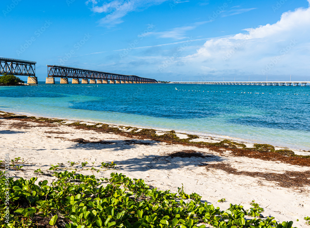 The Historic Bahia Honda Bridge From The Shore of Calasu Beach , Bahia Honda State Park, Florida, USA