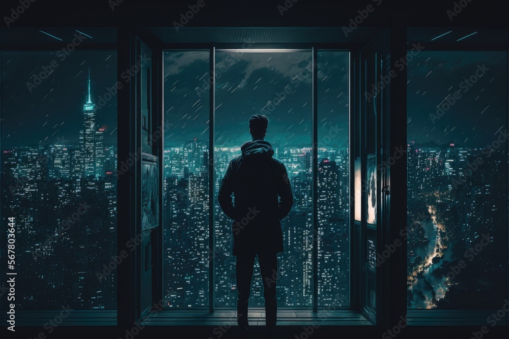 a business man stands in front of a huge window on the top floor of a skyscraper and looks at the evening city in lights a business man stands in front of a huge window on the top floor of a skyscraper and looks at the evening city in lights