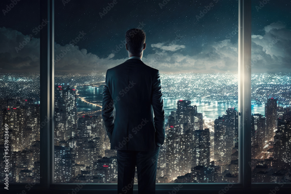 Fototapeta premium a business man stands in front of a huge window on the top floor of a skyscraper and looks at the evening city in lights