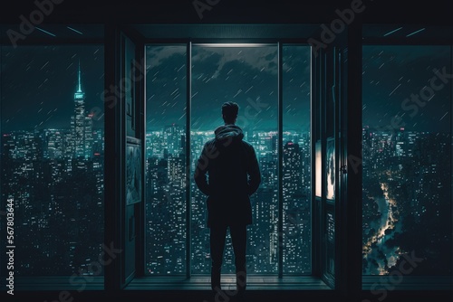 a business man stands in front of a huge window on the top floor of a skyscraper and looks at the evening city in lights © robroy