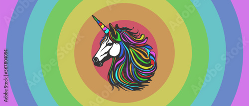 Vector head of a white unicorn with a multi-colored mane on a rainbow background. Fairy animal. Magic horse. Logo, sticker or emblem.