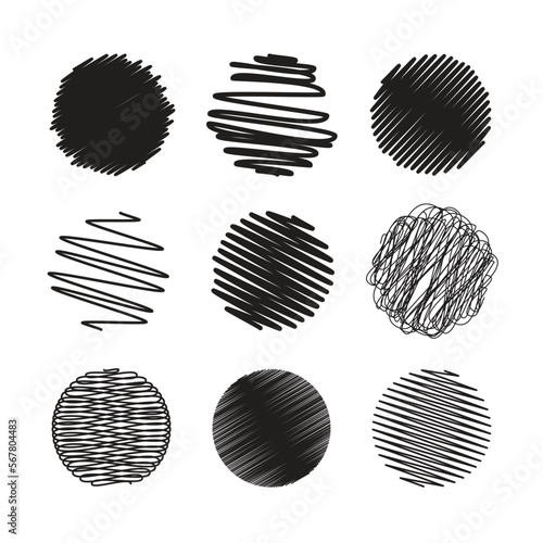 Set of round abstract black scribble on background. Vector illustration