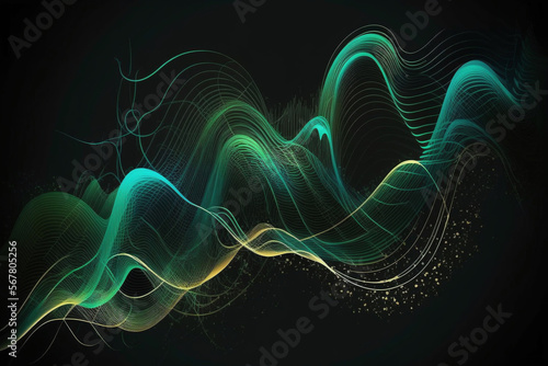 Vector abstract light lines wavy flowing dynamic in blue green colors isolated on black background for concept of AI technology, digital, communication, 5G, science, music - created with AI