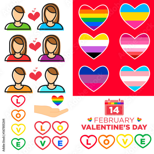 Iconos LGBT para san Valentín, 14 de febrero día del amor y la amistad