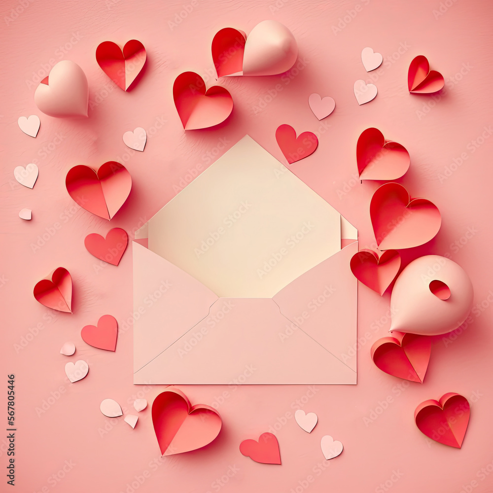 Valentine day with heart paper shape, greeting card from envelope, confetti, and balloon with Generative AI.