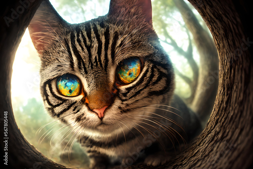 Curious cat looking at the camera in a tree hollow, fisheye portrait, AI generated