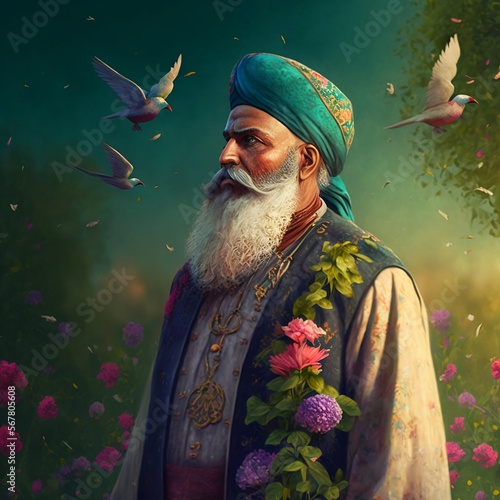 Islamic Famous man face. Sufi saint like Rumi, Hafiz, Khaiyaam, Amir Khusru. Ancient Sufi art. Assence of sufism. Sufi Floral Illustrations. photo