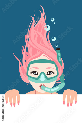 Girl in an underwater mask is snorkeling. Vector illustration