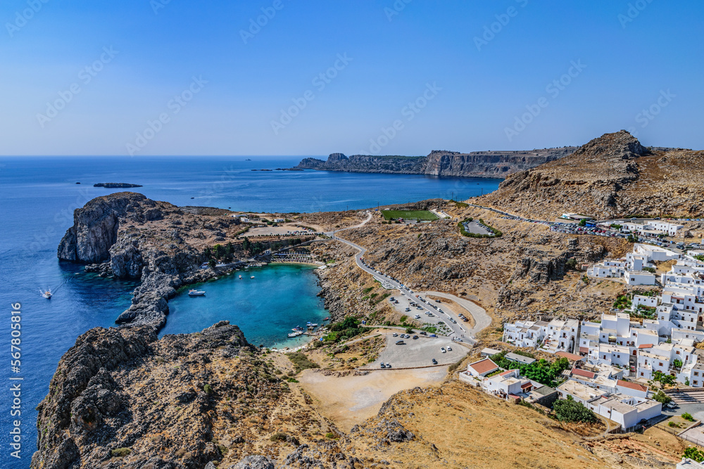 St. Paul's bay and Lindos village seen from the Acropolis, Rhodes island GR