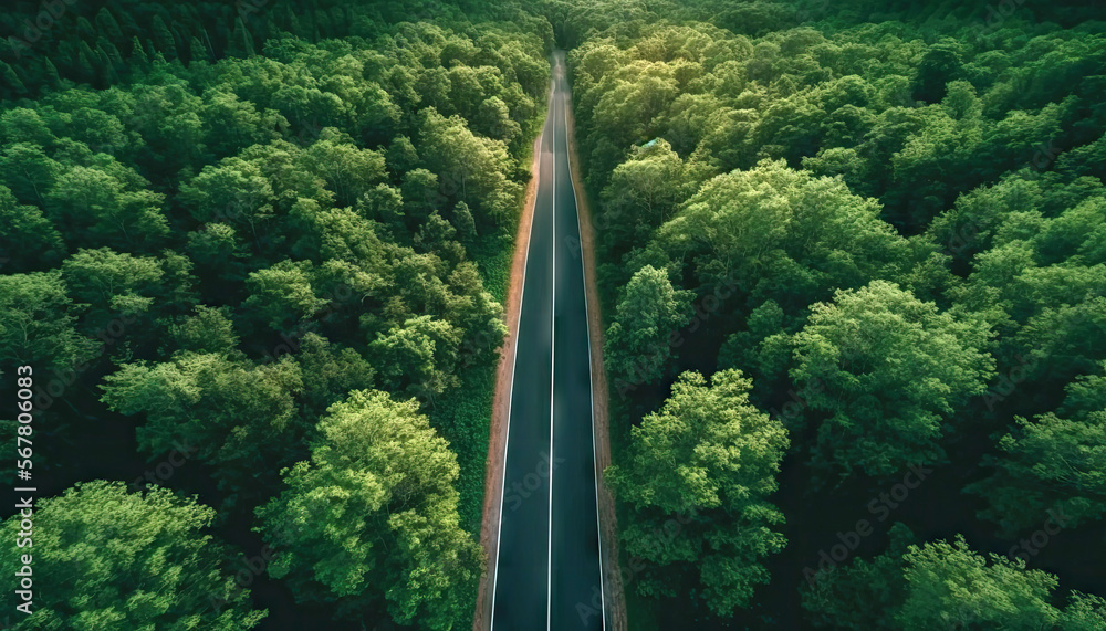 Aerial top view of asphalt road through green forest, healthy rain forest,  environment, health, green economy, view of nature ecosystem for save Earth with Generative AI. - obrazy, fototapety, plakaty 