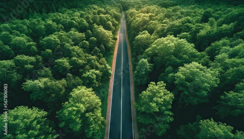 Aerial top view of asphalt road through green forest, healthy rain forest, environment, health, green economy, view of nature ecosystem for save Earth with Generative AI.