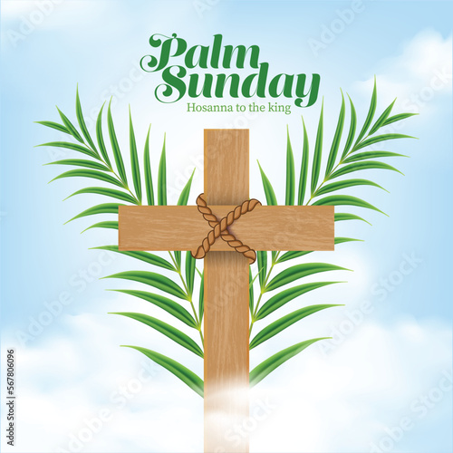 Vector illustration of Christian Palm Sunday with palm branches and leaves and cross illustration