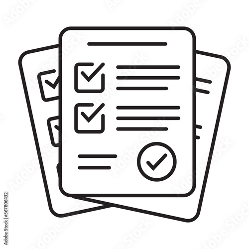 Survey icon. Questionnaire checklist form. Brief, survey or paper exam with check list. Report document with tick or checkmark.