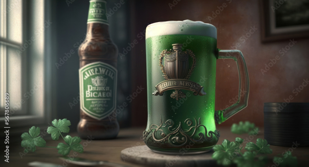 Fototapeta premium Celebrating Saint Patrick's Day with traditional Irish music, food, beer and drinks. generative ai