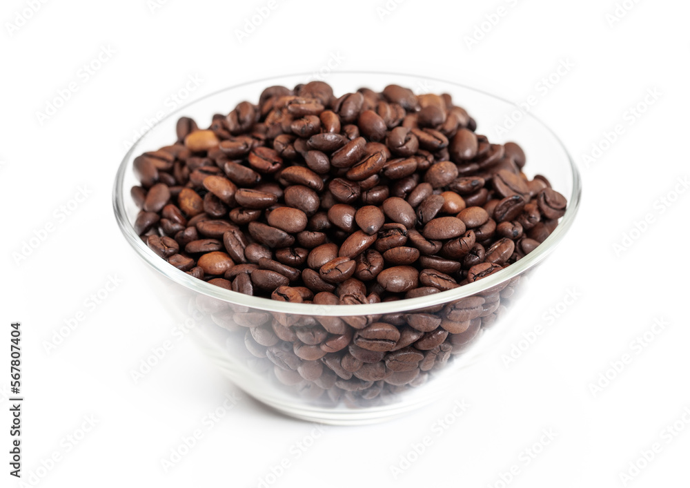Glass bowl plate with fresh raw aroma coffee beans on white background. Glass bowl plate with fresh raw aroma coffee beans on white background.