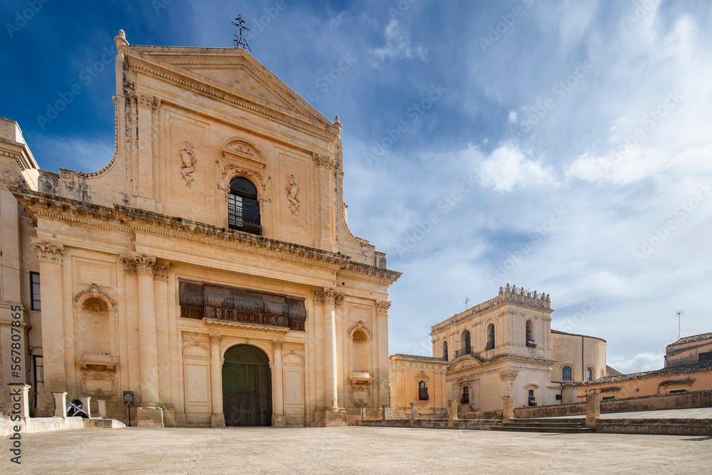 Scenic view in Noto, with San Salvatore Church and Santa Chiara Church. Province of Siracusa, Sicily, Italy.