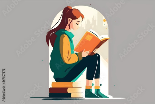 young girl reading a book sitting on a pile of books, learning, minimalist vector illustration, flat design