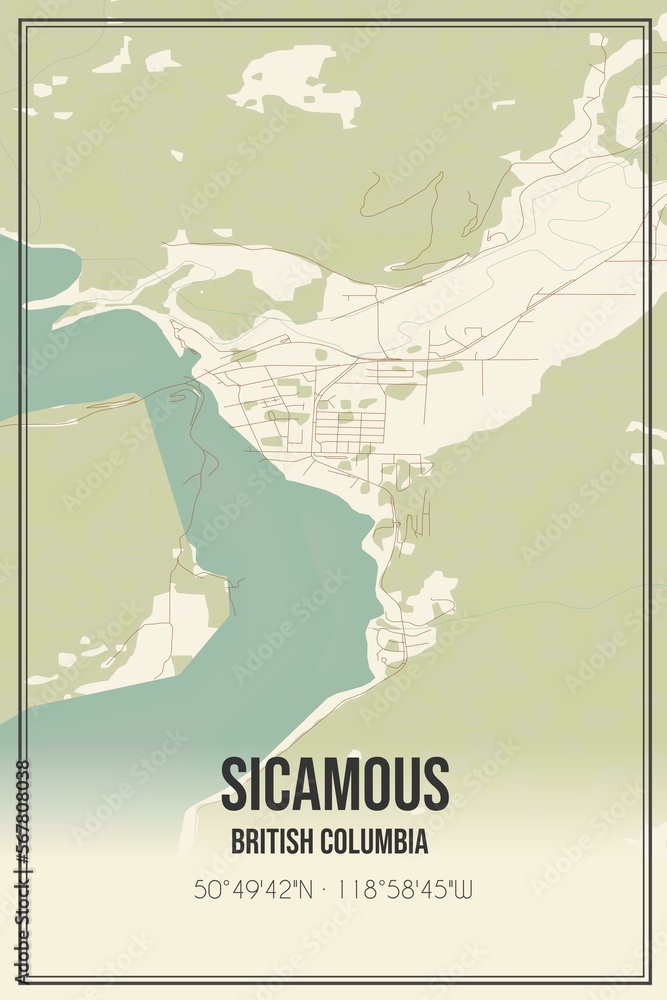 Retro Canadian map of Sicamous, British Columbia. Vintage street map.