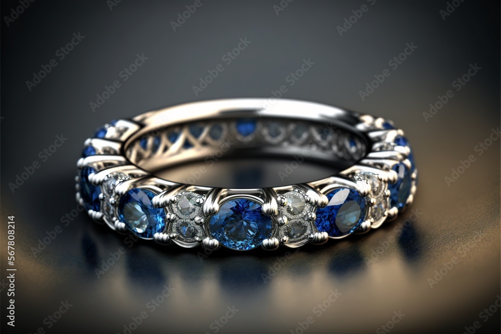 Blue sapphire and diamond half eternity ring created with generative AI technology Blue sapphire and diamond half eternity ring created with generative AI technology