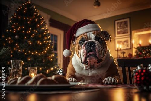 Dog wearing Christmas hat amid Christmas background created with generative AI technology
