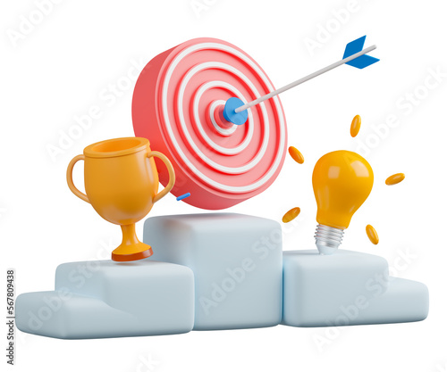 3d rendering concept business goal and achievement illustration. Trophy, light bulb and archery target on light blue podium.