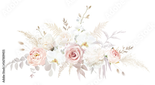 Fotografia Pastel pampas grass, ivory peony, creamy orchid, dusty pink rose