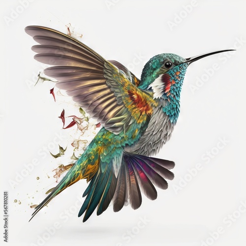 a hummingbird flying through the air with its wings spread photo